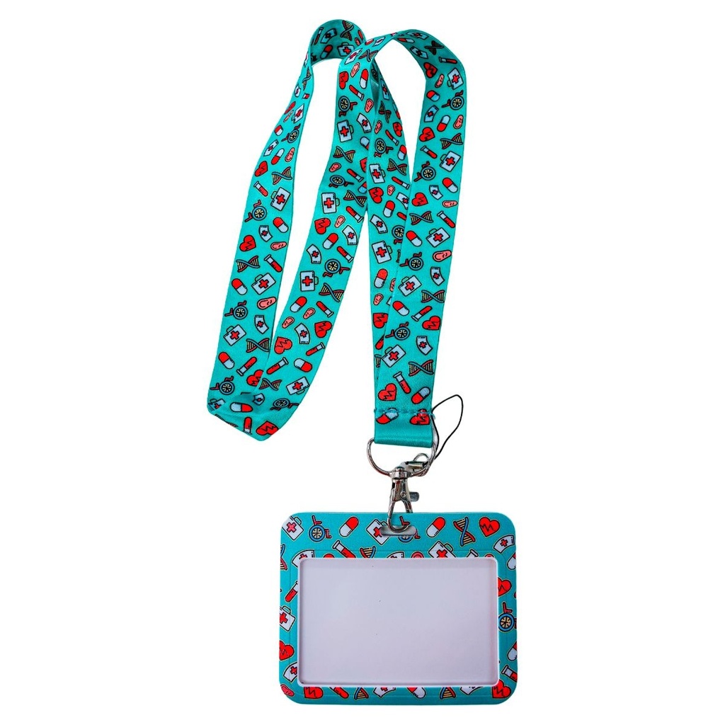 PORTA CARNET CON LANYARD MODELO CORAZONES Y PILDORAS AZUL