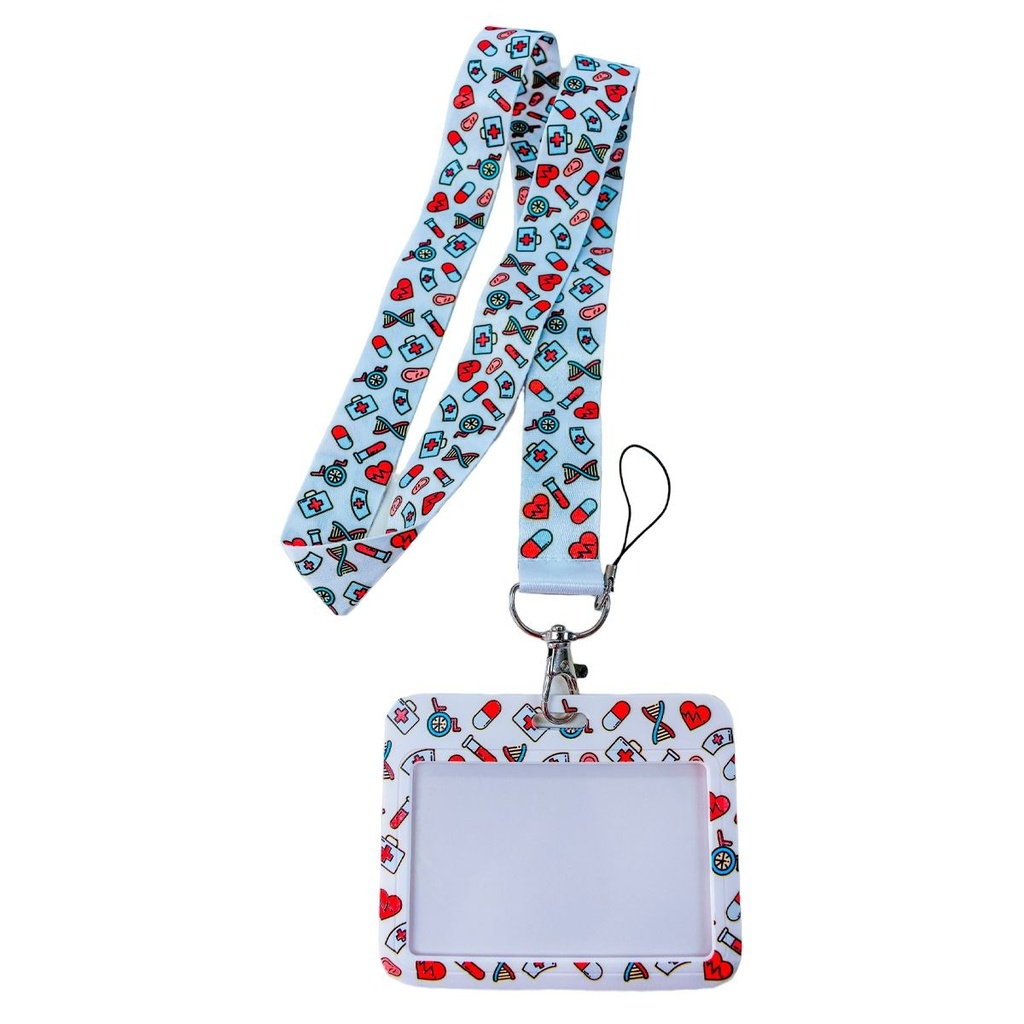 PORTA CARNET CON LANYARD MODELO CORAZONES Y PILDORAS