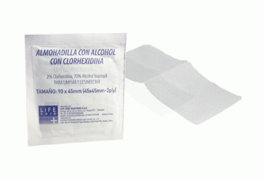 ALMOHADILLA CON ALCOHOL CON CLORHEXIDINA 90X45mm CAJA X100 LIFE CARE